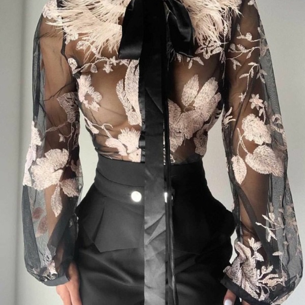 sheer blouse with pink faux feathers and front tie
